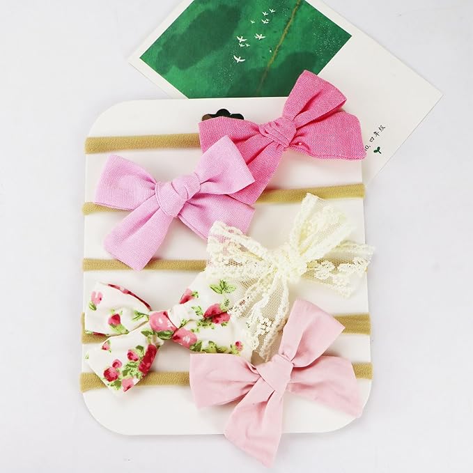 Baby Bow Headband Nylon Hairbands Stretchy Baby Hairbands Hair Accessories for Newborn Infant Toddlers Kids (5, Pink)