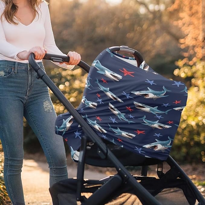 AFPANQZ Shark Design Baby Car Seat Cover Canopy and Nursing Cover Infant Car Canopy Spring Autumn Winter Snug Warm Breathable Windproof Open Peep Top Universal Fit