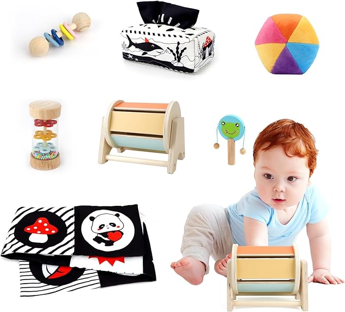 Dulsaera Montessori Toys 7 in 1 Learning Educational Set Newborn Toys, Rainbow Ball, Baby Black and White Books, Tissue Box Toy, Spinning Drum, Rattle Toy
