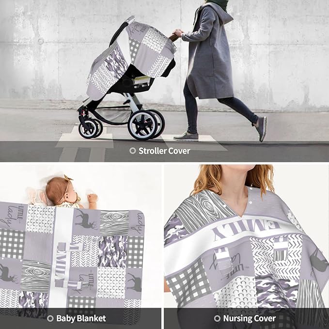 Personalized Baby Car Seat Canopy for Girls, Custom Name Baby Car Seats Covers for Babies, Opening Minky Nursing Breastfeeding Stroller Cover Infant Carseat Canopies for Newborn (Woodland Deer)