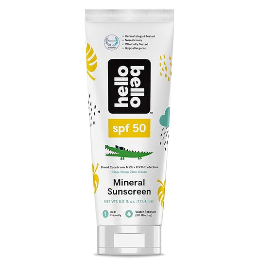 Hello Bello Mineral SPF 50 Sunscreen Lotion I Broad Spectrum UVA/UVB Protection, Water Resistant and Reef Friendly Sun Protection for Babies and Kids I 6 Fl Oz (1 Pack) (101237)