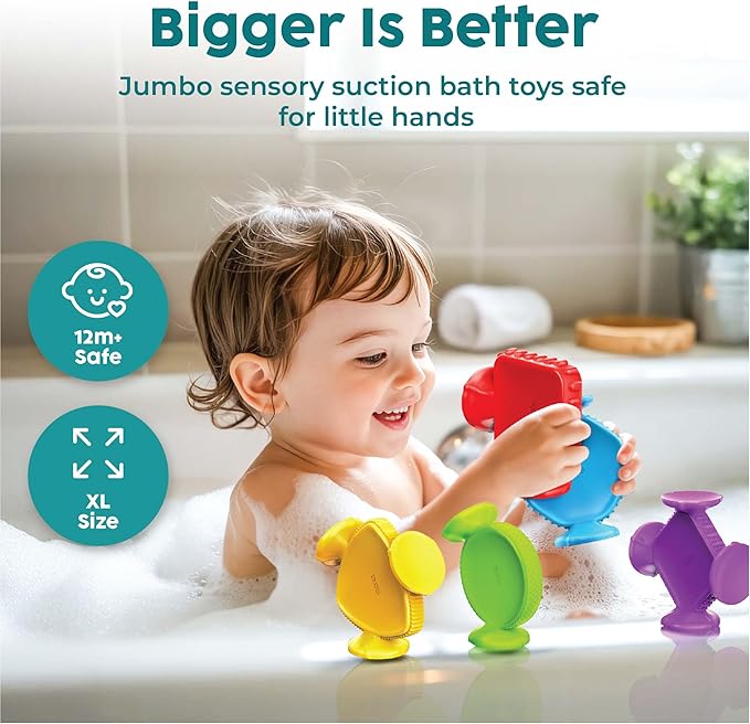 BUNMO Big Shapes Textured Suction Bath Toys for Toddlers 1–3 (5 Pack), Extra Large Silicone Bathtub Toys, BPA-Free Suction Cup Toys, Bath Toys for Kids Ages 1+, Sensory Bath Toys