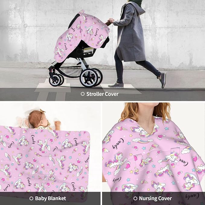 Personalized Baby Car Seat Canopy for Babies with Name, Custom Unicorn Pink Stroller Car Seat Covers for Girls, Nursing Carseat Cover for Breastfeeding, Car Seat Canopies for Infant Newborn
