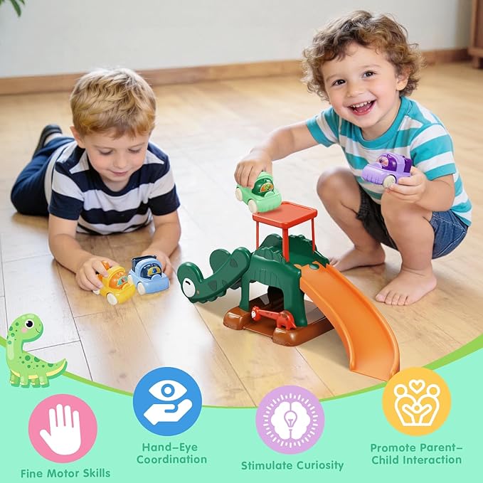 Toddler Toys for 1 2 Year Old Boys Educational Dinosaur Slide Toys with 4 Push Car Toys for Baby 12-18 Months,First Birthday Easter Gifts for Kids,Montessori Learning Race Car Track Ages 1-2 (Green)
