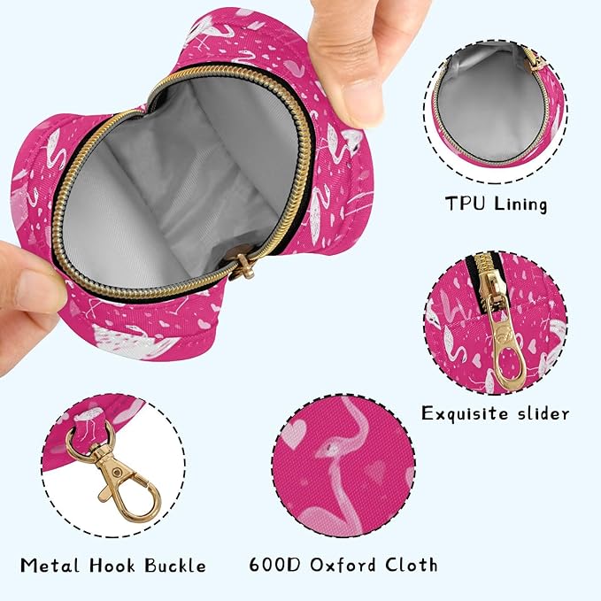 Pacifier Holder with Clip Pacifier Case for Diaper Bag Round Baby Pacifier Pouch Box Bag Portable Hot Pink Flamingos and Hearts