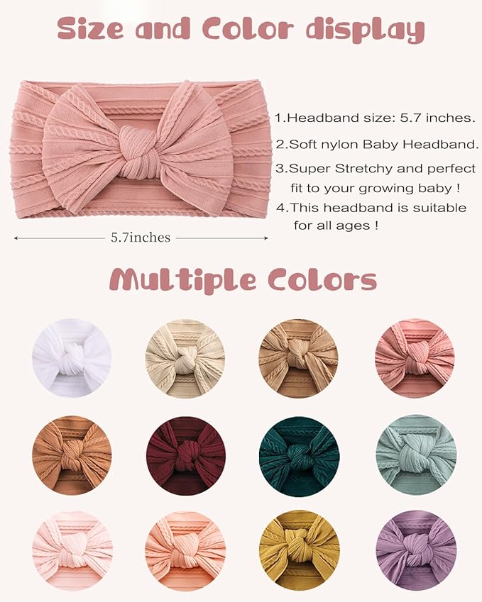 ALinmo 12PCS Baby Nylon Headbands Hairbands Hair Bow Elastics for Baby Girls Newborn Infant Toddlers Kids Colorful