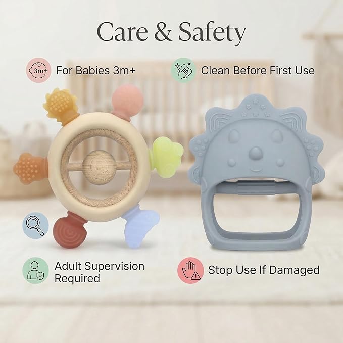 Baby Teething Toys 2 Pack, Dinosaur Mitten Teether and Ring Sun Teether with 6 Chewing Points, Silicone Chew Toys for Infants 0-6 6-12 Months, BPA Free Soothing Gum Relief Set (Blue)