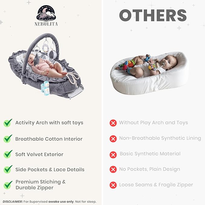Newborn Lounger Leaf Gray - Flexible & Portable w/Infant Support Cushion, Soft & Breathable 100% Cotton - Multi-Use Supervised Baby Lounger for Floor, Travel, Changing Mat Alternative - Premium