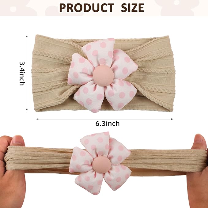 MIUXUESO 3 Pcs Baby Flower Headbands Baby Girls Nylon Headband Soft Hairbands Hair Accessories for Newborn Infant Toddler Kids (Khaki Brown Pink)