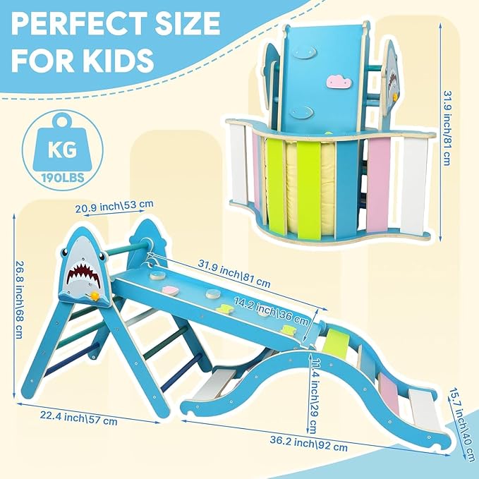 Pikler Triangle Set with Cushion 9 in 1, Climbing Toys for Toddlers 1-3, Montessori Indoor Baby Playground for Safe Motor Skills Development (Blue-Shark-Set)
