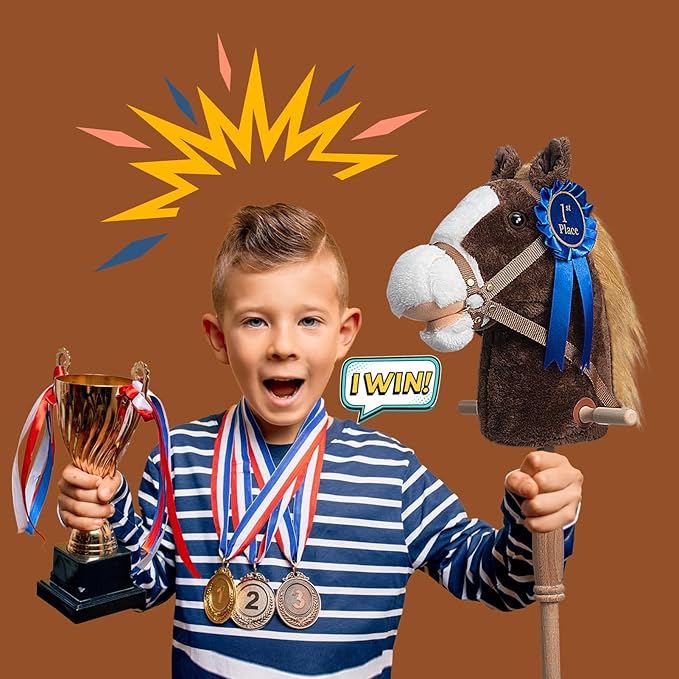 HollyHOME Stick Horse Plush with Detachable Blue Ribbon Champion Hobby Horse on Stick with Wood Wheels Real Pony Neighing for Kids Toddlers Chocolate 36 Inches(AA Batteries Required)