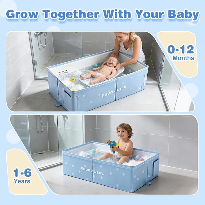 Toddler Bath Tub for Shower, Foldable Baby Bathtub, Portable Kids Bathtub & Collapsible Bathtub for Toddlers 1-8, Infant Newborn, Travel Baby Bath, Bañera para Bebé, Blue