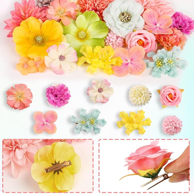 Leery 20 PCS Boho Flower Hair Clips for Women - Rose Hair Barrettes, Wedding Hairpins, Bridal Headpiece, Hawaiian Silk Floral Clips (Light Pink)