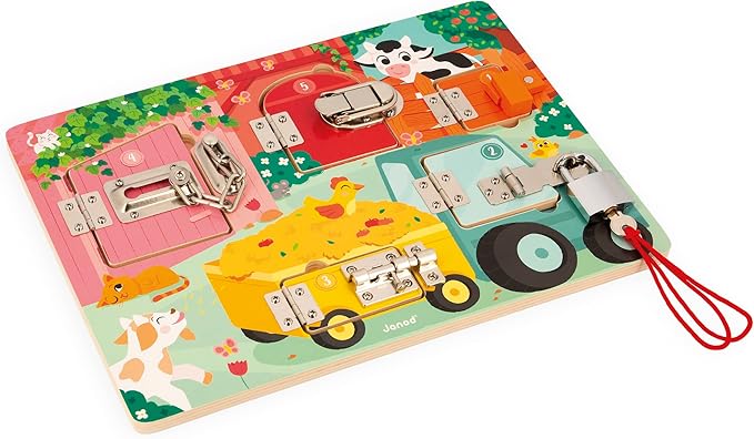 Janod Farm Padlocks Board - Latching and Locking Puzzle - Ages 3-6 - J07119