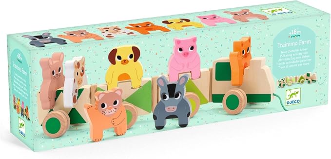 DJECO Farm Animals Wooden Train - Trainimo Farm - Safe for Kids Toys, Cute Toddler Vehicle, Stackable Animals for Imagination, Active Play, Motor Skills - Perfect for Boys & Girls Ages 18+ Months
