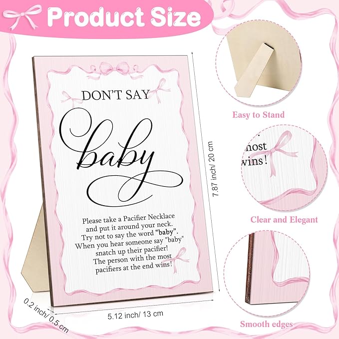 Geetery 51 Pcs Don't Say Baby Game Sign Cool Baby Shower Game 50 Pacifier Necklace Wooden Don't Say Sign Plastic Pacifier Party Favor for Gender Reveal (Pink Bow,Pink)