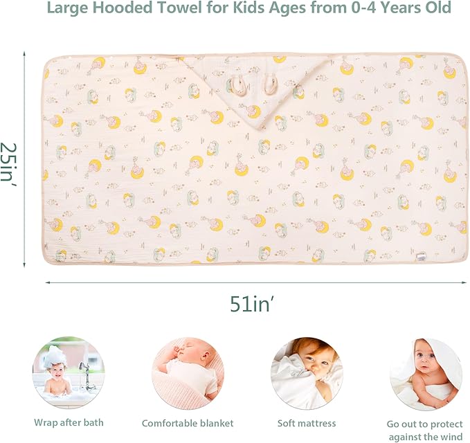 Hooded Towel Muslin Hooded Towel Made from Organic Cotton 6-Layer Cotton Bath Towel, Soft Bath Towels 25x51inches for Toddler Baby (Splashing Elephant)