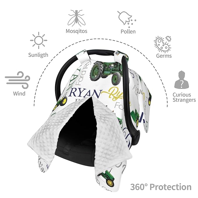 Personalized Car Seat Covers for Babies Custom Name Car Seat Canopy for Newborn Baby Boys Girls Mom Nursing Breastfeeding Covers Farm Tractor Minky Baby Carrier Covers with Peekaboo Opening