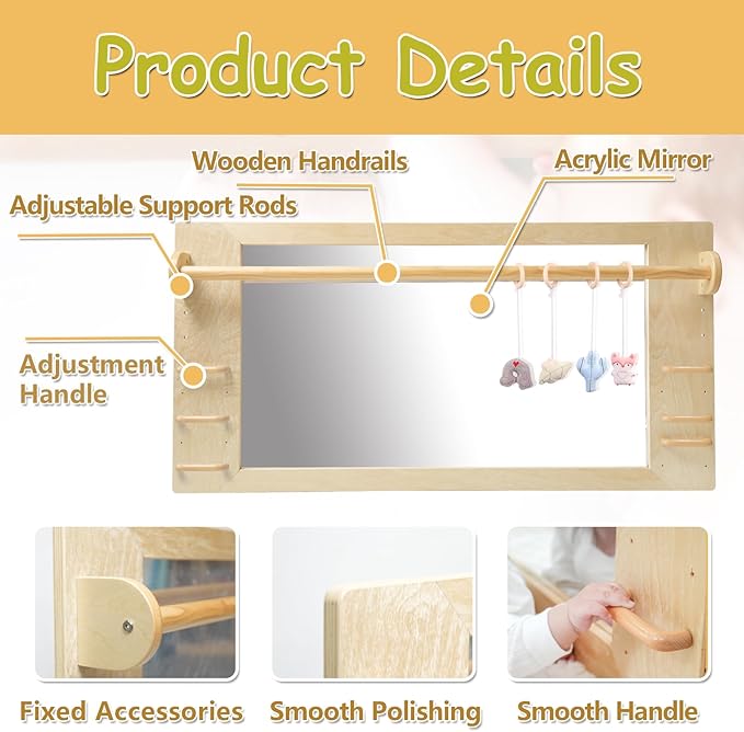 Coordination Montessori Toddler Mirror with Handle Wooden Shatterproof Acrylic Non Glass Safety Early Learning to Walk Standing Mirror for Babies Nursery Playroom Wall Mounted 47.24"