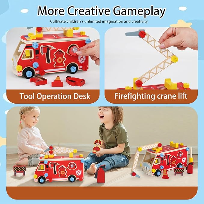 LOVELAND Wooden Fire Truck Toy – Take-Apart STEM Vehicle with Firefighter Tools & Shape Sorting, Montessori Educational Gift for Toddlers Boys Girls Ages 3+