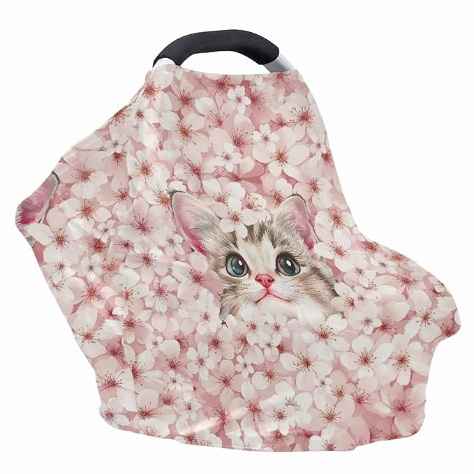 Cat Car Seat Cover for Baby Carseat - Cherry Blossom Infant Car Seat Cover for Sun - Breathable, Soft and Lightweight Car Seat Canopy