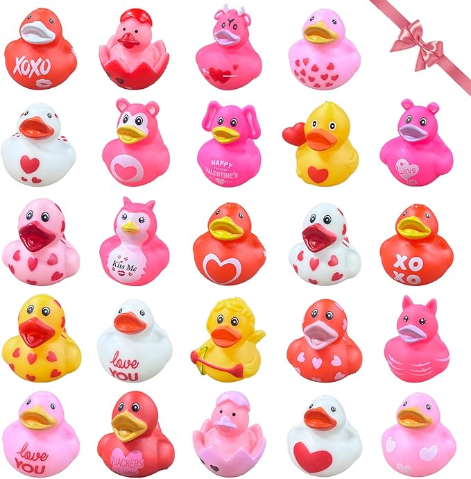 24Pcs Valentines Ducks,Valentine’s Day Heart Rubber Ducks for Kids,2 Inch Assorted Duckies in Bulk for Valentine Party Favors Supplies Decoration,Classroom Exchange Prizes