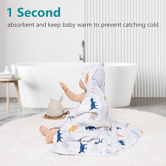 PHF 2 Pack Baby Hooded Towels, 100% Muslin Cotton Baby Bath Towel with Hood for Newborn, Infant, Toddler, Ultra Soft and Absorbent Baby Essentials Bath Towels for Boys, 32x32Inch, Dinosaur
