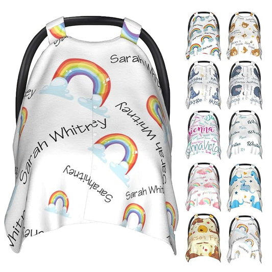 Personalized Baby Car Seat Cover Canopy with Name for Girls Boys Custom Rainbow Baby Carrier Covers