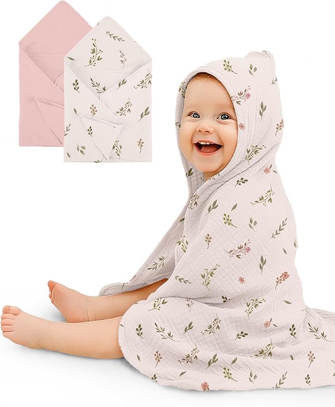 Hooded Baby Towels 2 Pack, Muslin Baby Bath Towels with Hood for Newborn Infant and Toddler, Soft Breathable & Absorbent, 32" x 32" (Petal - Leaf, Heavyweight)