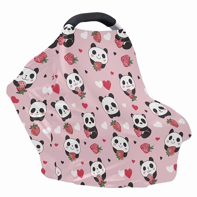 Forchrinse Cute Panda Strawberry Baby Car Seat Covers for Newborns,Soft and Stretchy Nursing Covers for Breastfeeding Mom