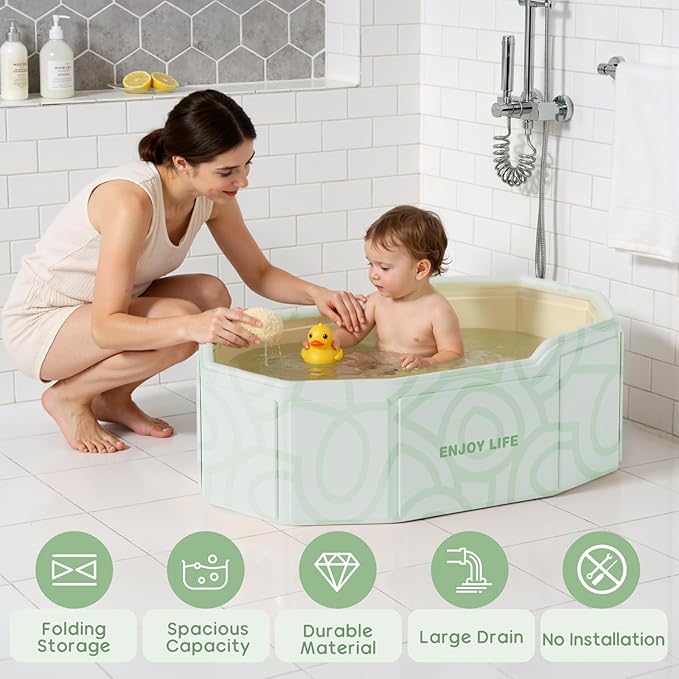 Collapsible Baby Toddler Bathtub for Shower, Portable Foldable Toddler Bath Tub with Non-Slip Base, Compact Travel Essentials for Kids & Infants, Easy Storage in Small Spaces, Green