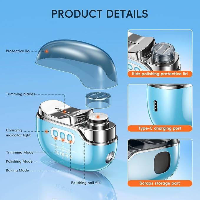 Electric Nail Trimmer, Safe & Easy Electric Nail File, Baby Nail Clipper & Nail Trimmer Kit for Newborn, Toddler, or Children Fingernails LED Light, Storage Case (Blue)