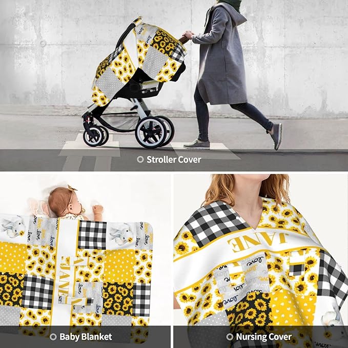Personalized Baby Car Seat Canopy for Babies, Custom Name Car Seat Covers for Boys and Girls, Opening Minky Nursing Breastfeeding Cover for Infant, Carseat Canopies for Newborn (Elephant Sunflower)