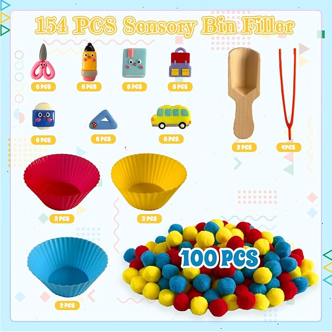 154Pcs Back to School Sensory Bin Filler Fine Motor Toys Stationery Sensory Bin Items Counting Sorting Toy for Preschool Education Activities Include Pom Poms Pen Scissors Notebooks Cup