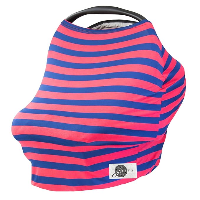 JLIKA Baby Car Seat Covers - Stretchy Infant Canopy and Nursing cover for breastfeeding newborns infants babies girls boys best shower gift maternity apron infinity scarf carseats! (Coral/Navy Stripe)