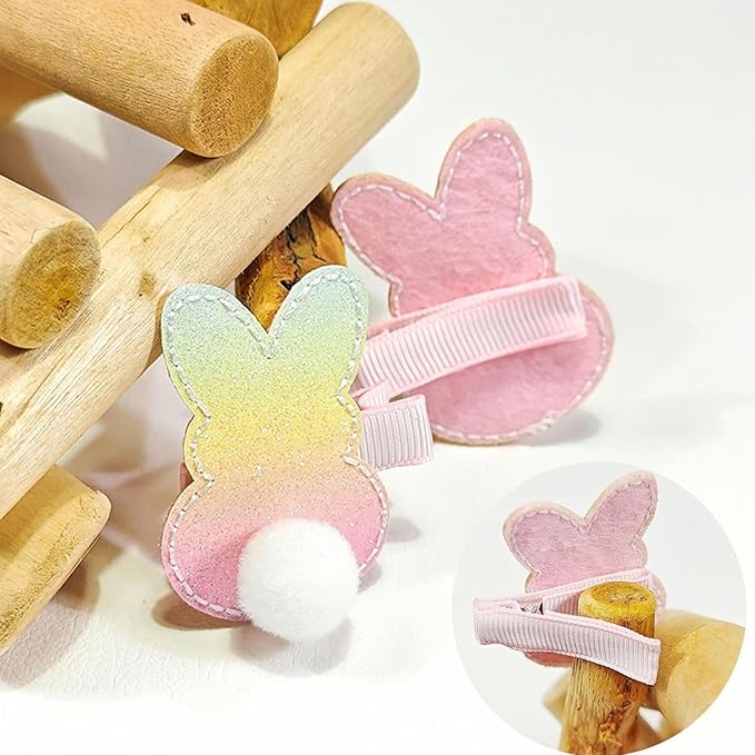 Easter Hair Clips for Girls, 2pcs Gradient Bunny with Cotton Tail Hair Accessories, Baby Hair Alligator Barrettes Cute Rabbit Hairpins Toddlers Kids for Party Princess Cosplay Decoration