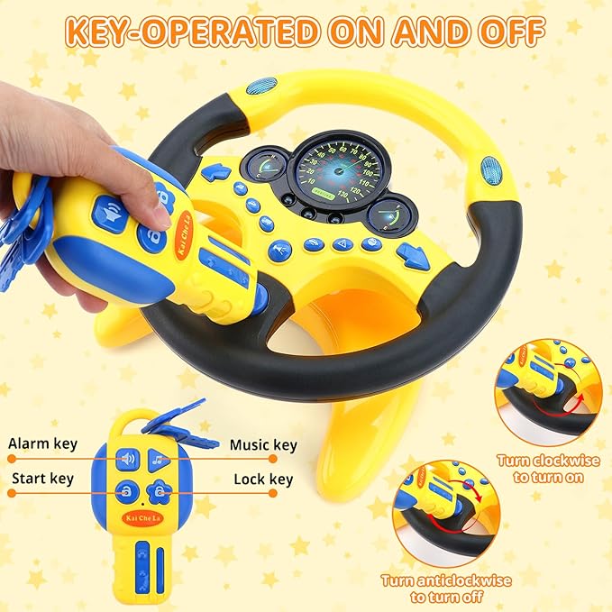 deAO Kids Steering Wheel for Backseat with Car Key Pretend Driving Simulated Driving Steering Wheel Toy with Light and Music Gifts for Kids (Yellow)