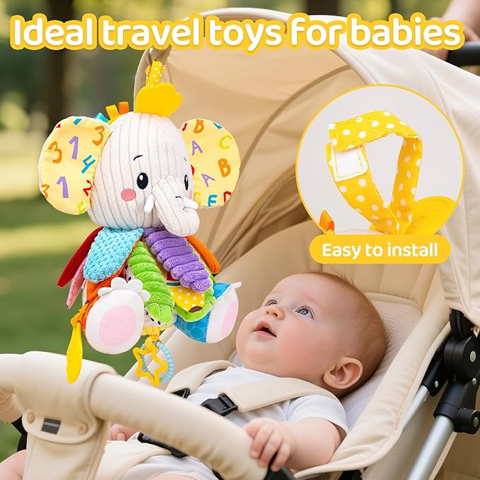 Baby Toys 3-6 Months, Musical Stuffed Elephant Toddler Toy for Newborn Infant 3 6 9 12 Months, Tummy Time Toys Montessori Sensory Toys 0-6 6-12 Months, Crinkle Paper, Mirror Soothing Music Shower Gift