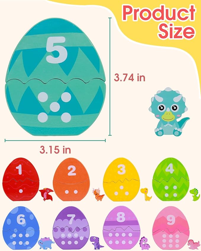 Toddlers Learning Toys Wooden Number Counting Montessori Educational Toys Matching Eggs Dinosaur Toys Sorting Fine Motor Games Christmas Birthday Easter Gift for Kids Boys Girls Ages 3+