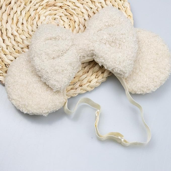 Fleece Wool Mouse Ears Headband with Bow, Adjustable Fluffy Hair Bow Hairband for Infant Toddlers Baby Girls