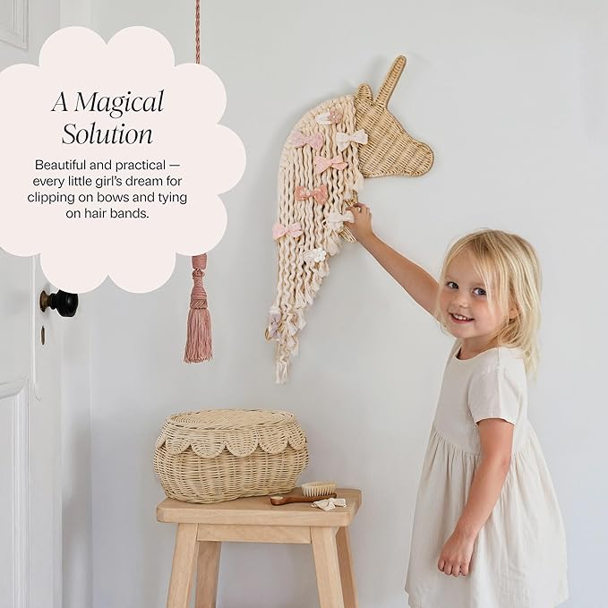 BEBE BASK Unicorn Boho Handmade Rattan Macrame Hair Bow Holder and Organizer for Girls