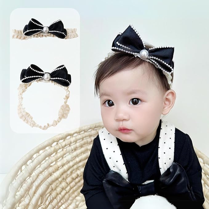 Bow Lace Headbands for Baby Girls Soft Tulle Ribbon Pearl Head Wrap Elastic Bow-knot Hair Band Shower Birthday Hair Accessory for Newborn Infant Toddler (Black B, Elastic)