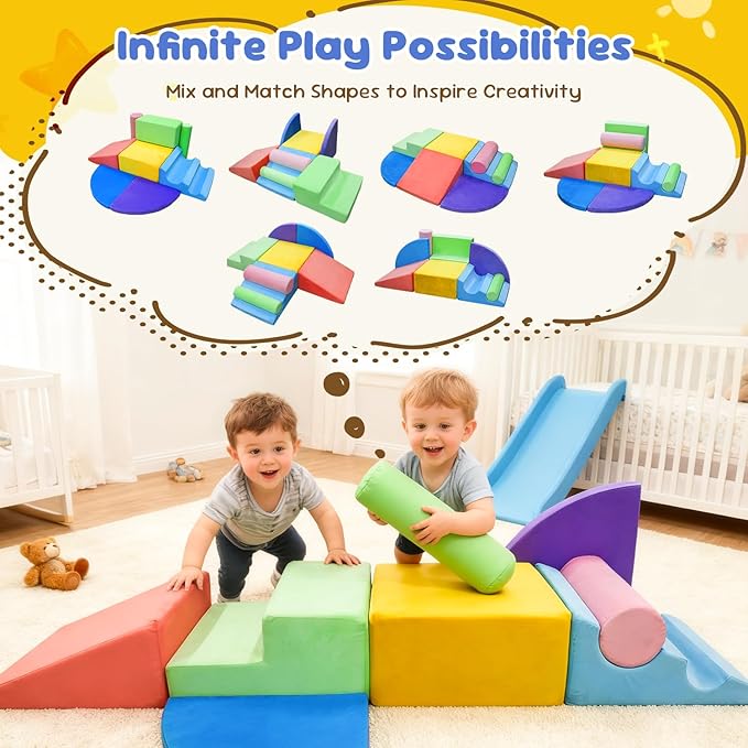 Teckid Toddler Climbing Toys 8-Piece Indoor Soft Foam Blocks Set, Safe Crawling, Climbing and Sliding Play Gym for Kids, Baby Climbing Playset