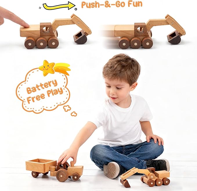 Wooden Toy Cars for 3 Year Old Boys & Girls - Construction Vehicles Set Push Toys for Toddlers, Wood Montessori Car with Rolling Wheels, Natural Wood Toys (Excavator & Tractor)