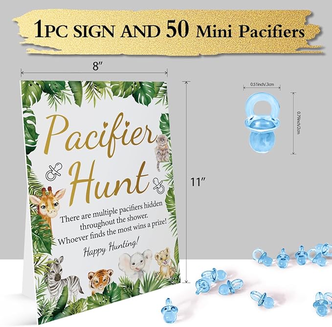 Baby Pacifier Hunt Baby Shower Games Sign (8×11 inch), Safari Jungle Zoo Forest Animals Theme Baby Gift Sets, 50 Acrylic Baby Pacifiers Mini Plastic Pacifiers for Baby Gender Reveal Gender