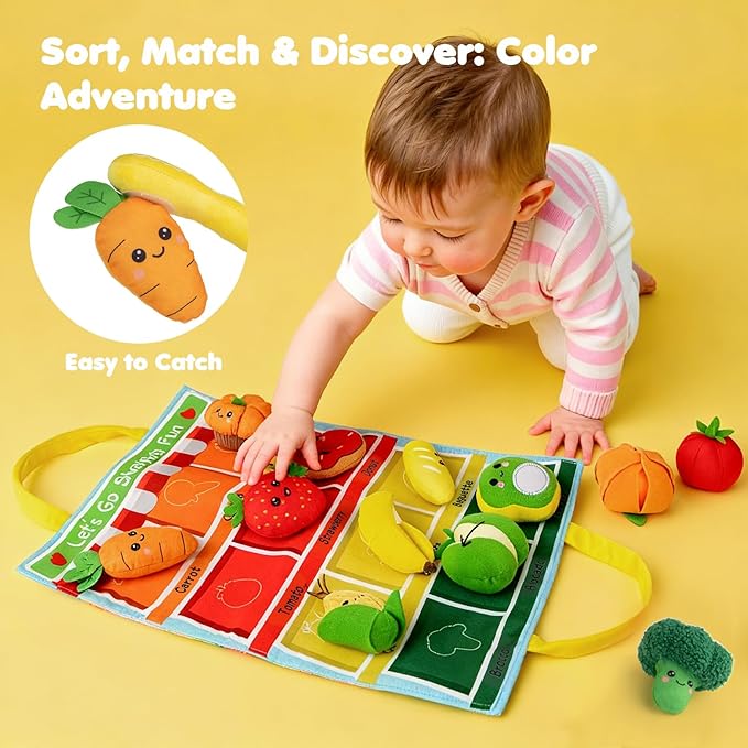 Montessori Toys for 1 Year Old – My First Shopping Trip Baby Sensory Toy, Color Sorting Play Food with Crinkle & Rattle, Fine Motor Skills Learning Gift for 1 2 3 Year Old Boy Girl Birthday Christmas