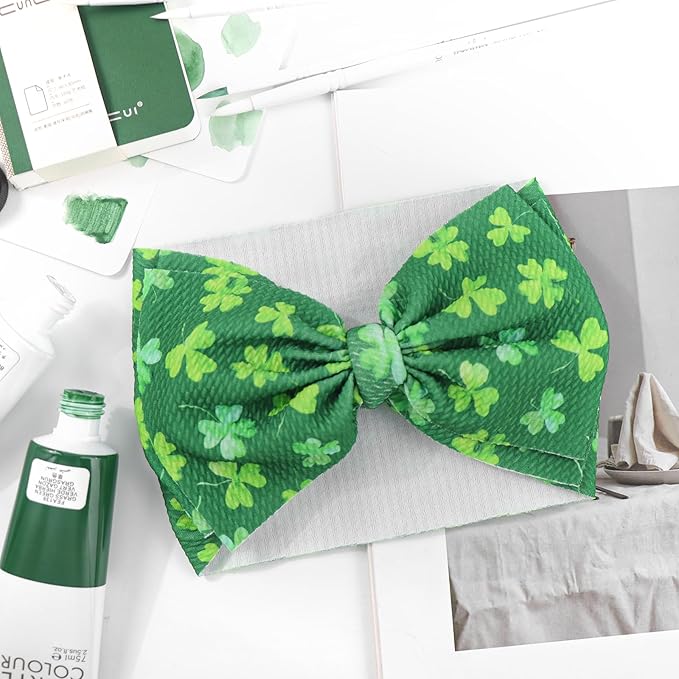 7” St Patricks Baby Girls Bows Shamrock Clover Headbands Green Leaves Tied Bows Hairbands St Patricks Day Hair Accessories Gift for Infant Baby Girls