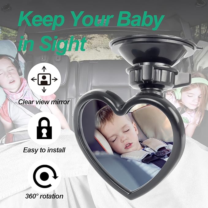 Baby Car Mirror Rear Facing,Convex Rear View Baby Mirrors for Cars,Automotive Interior 360 Degrees Adjustable Love Mirrors to See Kids,Babies,Infants and Newborn(Suction Cup Install)