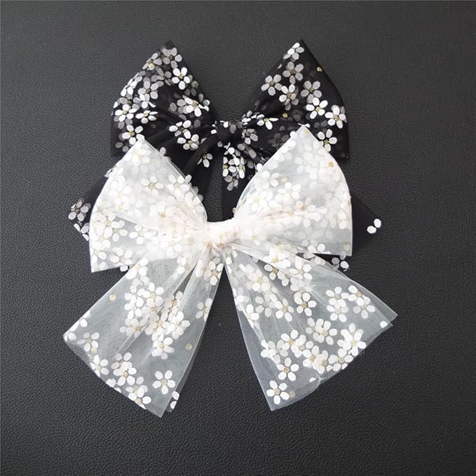 Large Tulle Bow Hair Clips for Baby Girls - Lace Hair Bow Women Cottagecore Lightweight Gauze Hair Barrettes Accessories (Black and White Gold Foil)
