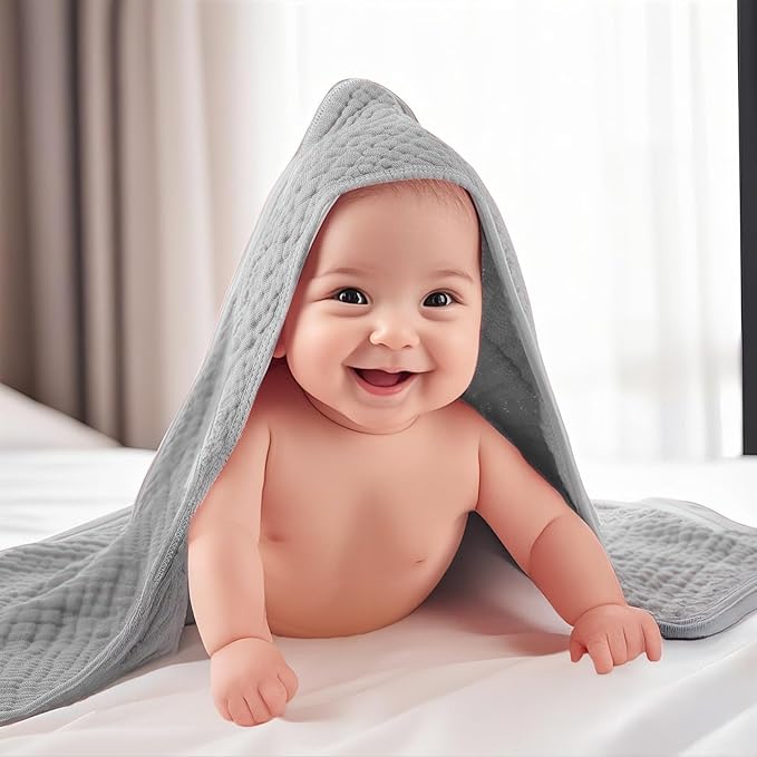 VitalCozy 12 Pcs Baby Muslin Hooded Bath Towels and Washcloths, Muslin Hooded Baby Towels Absorbent Blankets for Gift Newborn Infant Shower (Neutral Colors)